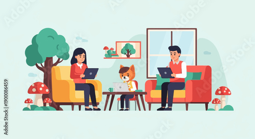 People and anthropomorphic dog work on laptops in cozy room