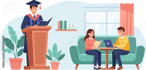 Graduation ceremony speaker addresses audience; others study on sofa