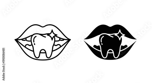 Shiny white tooth in open mouth icon, representing dental care, hygiene, and smile, in two styles.
