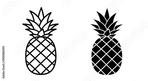 Pineapple icon, tropical fruit, in outline and solid black styles for food or summer themes.