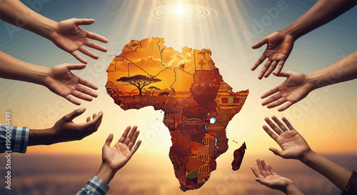 Hands reaching towards a map of Africa, bathed in golden light