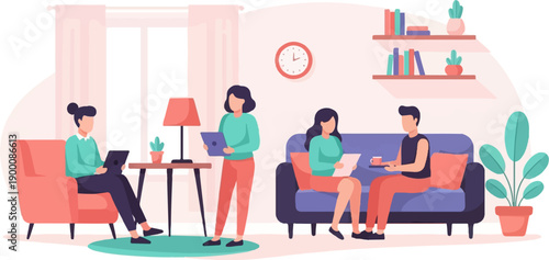 Four people interacting with technology in a cozy living room setting