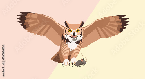 Majestic owl with wings spread wide, poised to capture a small mouse