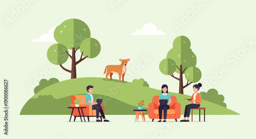 People and deer in a park working on laptops with trees and hills