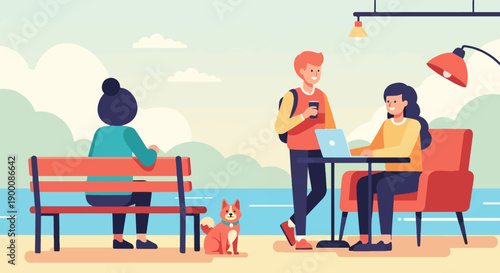 People and dog at a cafe by the water, with laptops and drinks