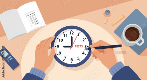 Hands writing on clock, study desk with coffee and notebook