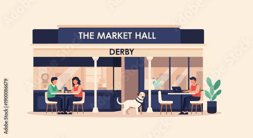 People and dog at outdoor cafe with building in background