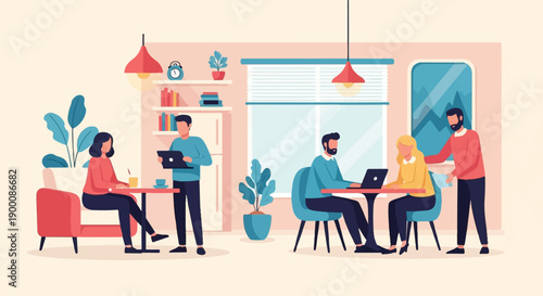 Four people interacting in a modern cafe setting with laptops and tablets