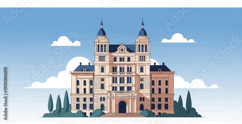 Majestic historical building with twin towers under a cloudy blue sky