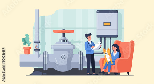 People and dog by large pipes and control panel