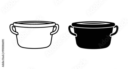 Simple Outline and Solid Glyph Icons of a Cooking Pot or Saucepan, Kitchen Utensil Black and White Vector Illustration