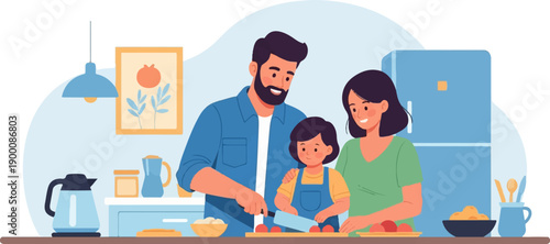 Happy family preparing food together in a modern kitchen