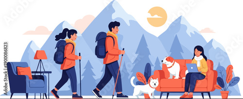 Happy couple hikes with dogs near mountains, one working remotely