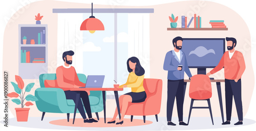 Four people in an office space interacting around a table and computer