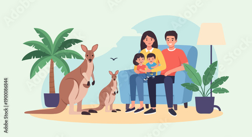 Happy family with kangaroos and tropical plants in a stylized setting