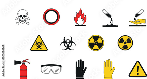 Warning signs for hazardous materials and safety equipment