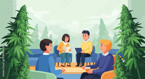 Four people in a room with large plants and a mountainous background