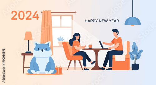 Happy New Year 2024 illustration with a dog and couple working