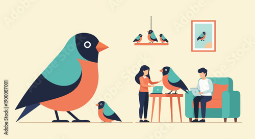 Large bird and small birds with people and technology interacting in a room