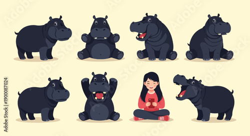 Group of cartoon hippos in various poses with a smiling girl holding a phone