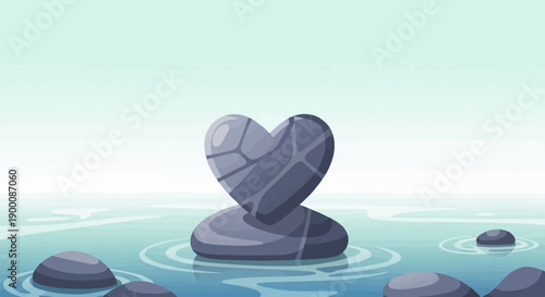 Heart shaped stone sculpture balanced on other rocks in serene water
