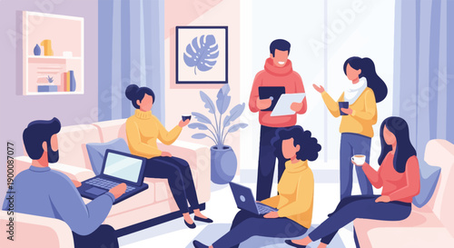 Group of people interacting in a modern living room, collaborating and relaxing