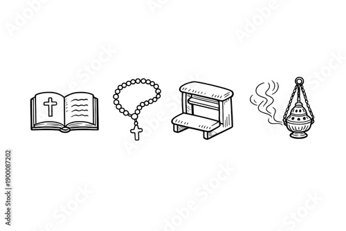 Easter Peace prayer moments in doodle style: prayer book, rosary, kneeler, incense holder