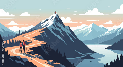 Hikers ascend a winding path toward a snow-capped peak overlooking a serene lake