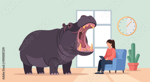 Hippo in room with woman on tablet and cactus