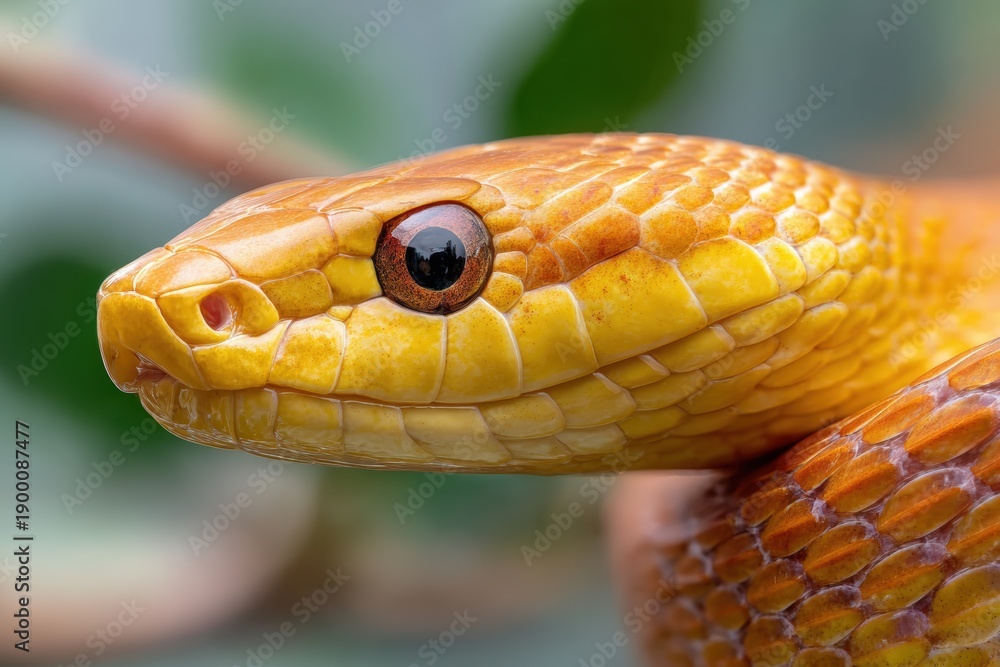 Obraz premium Close-up Portrait of Yellow-Orange Snake with Glossy Scales and Reflective Eyes