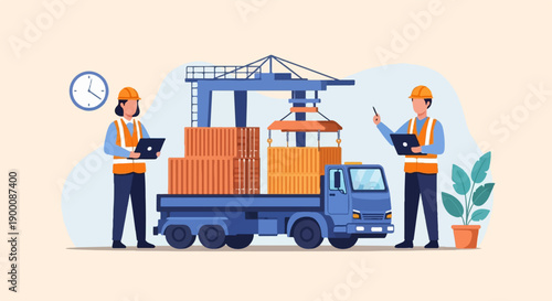 Logistics workers oversee container loading onto a truck with a crane