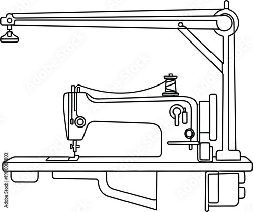 A technical line drawing illustration of an industrial sewing machine featuring a specialized overhead arm structure.