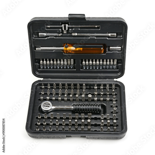 Professional toolkit for hardware maintenance featuring ratchet driver screwdriver handle assortment of bits extensions adapters organized in compact black case on white backdrop