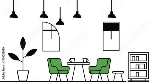 A minimalist illustration of a cafe interior with green chairs