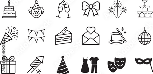 Modern celebration and party icon set with balloons, cake, confetti, gifts for events and festivals.