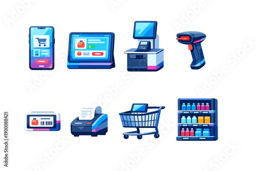 Future shopping smart retail devices in flat style: smartphone, tablet device, self checkout kiosk, barcode scanner, digital price tag, receipt printer