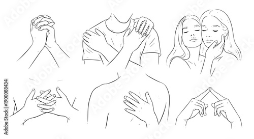 Minimalist Fine Line Art Collection Depicting Emotional Human Touch Intimacy Gentle Embraces and Compassionate Interpersonal Connections