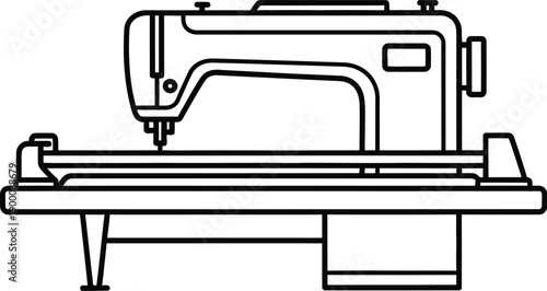 A black and white line art illustration of an industrial sewing machine on a table