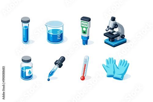 Water quality testing items in isometric flat style: test tube, beaker, pH meter, microscope, sample bottle, dropper, thermometer, gloves