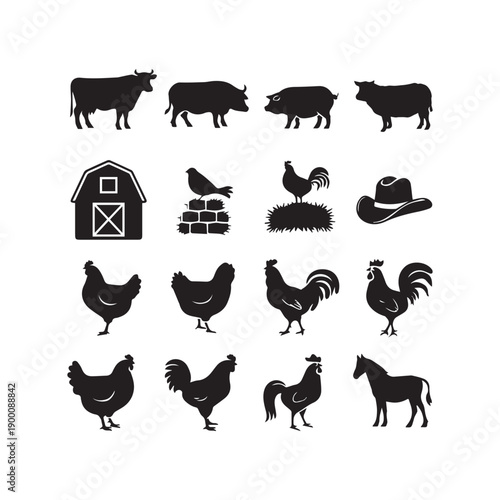 Farm Animal Silhouette Collection Cow Pig Chicken Rooster Horse Barn Rural Vector Set. 