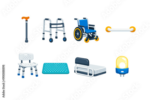 Mobility and safety aids in flat style: cane, walker, wheelchair, grab bar, shower chair, non-slip mat, bed rail, night light