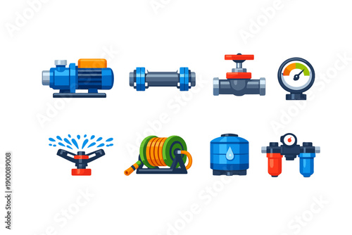 Irrigation system components in flat style: water pump, pipe section, valve, sprinkler head, hose reel, pressure gauge, water tank, filter unit