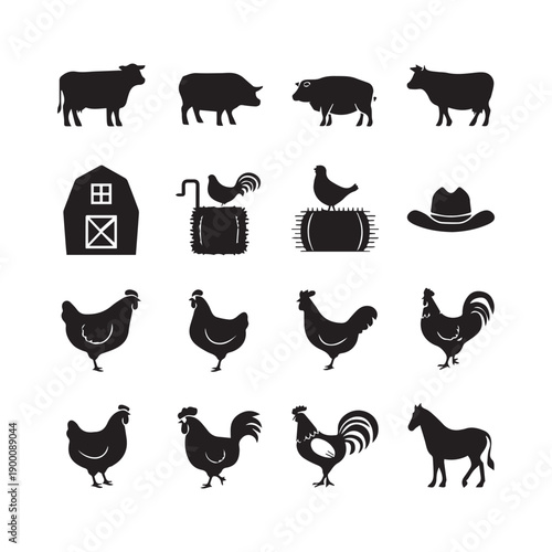 Farm Animal Silhouette Collection Cow Pig Chicken Rooster Horse Barn Rural Vector Set. 