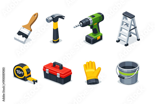 Trail maintenance and marking tools in isometric flat style: paint brush, hammer, cordless drill, ladder, measuring tape, tool box, safety glove, bucket