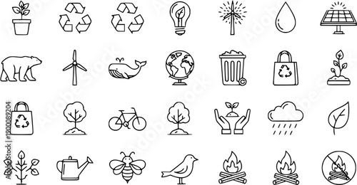 Hand-drawn Ecology, Environment  Nature Line Icons Set. Sustainable living, green energy, recycling, plants, animals, and conservation symbols in minimalist style.