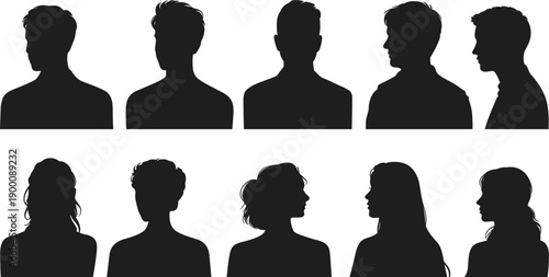 Human head silhouette set, male and female profiles, hairstyle variation, side and front views, black vector, isolated, graphic, identity theme