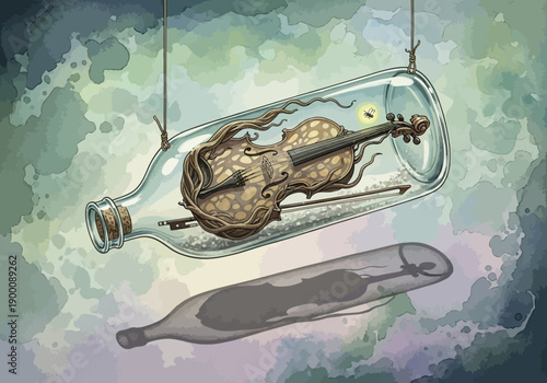 Whimsical violin in a glass bottle with mystical ambiance and dreamy background