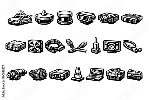 Future mobility autonomous vehicle hardware in bold vector style: self-driving car, roof sensor, lidar unit, radar module, camera sensor, control computer