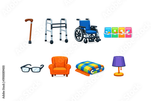 Elder care support items in flat style: cane, walker, wheelchair, pill organizer, reading glasses, armchair, blanket, bedside lamp