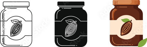 Stylized cacao jar icons showing outline, silhouette, and colored versions with pod and leaf labels for packaging design